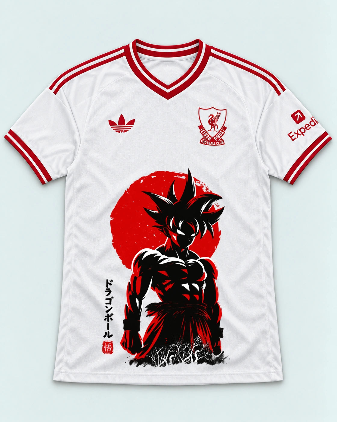 Liverpool White Goku Rising Sun Dragon Ball Jersey — Front