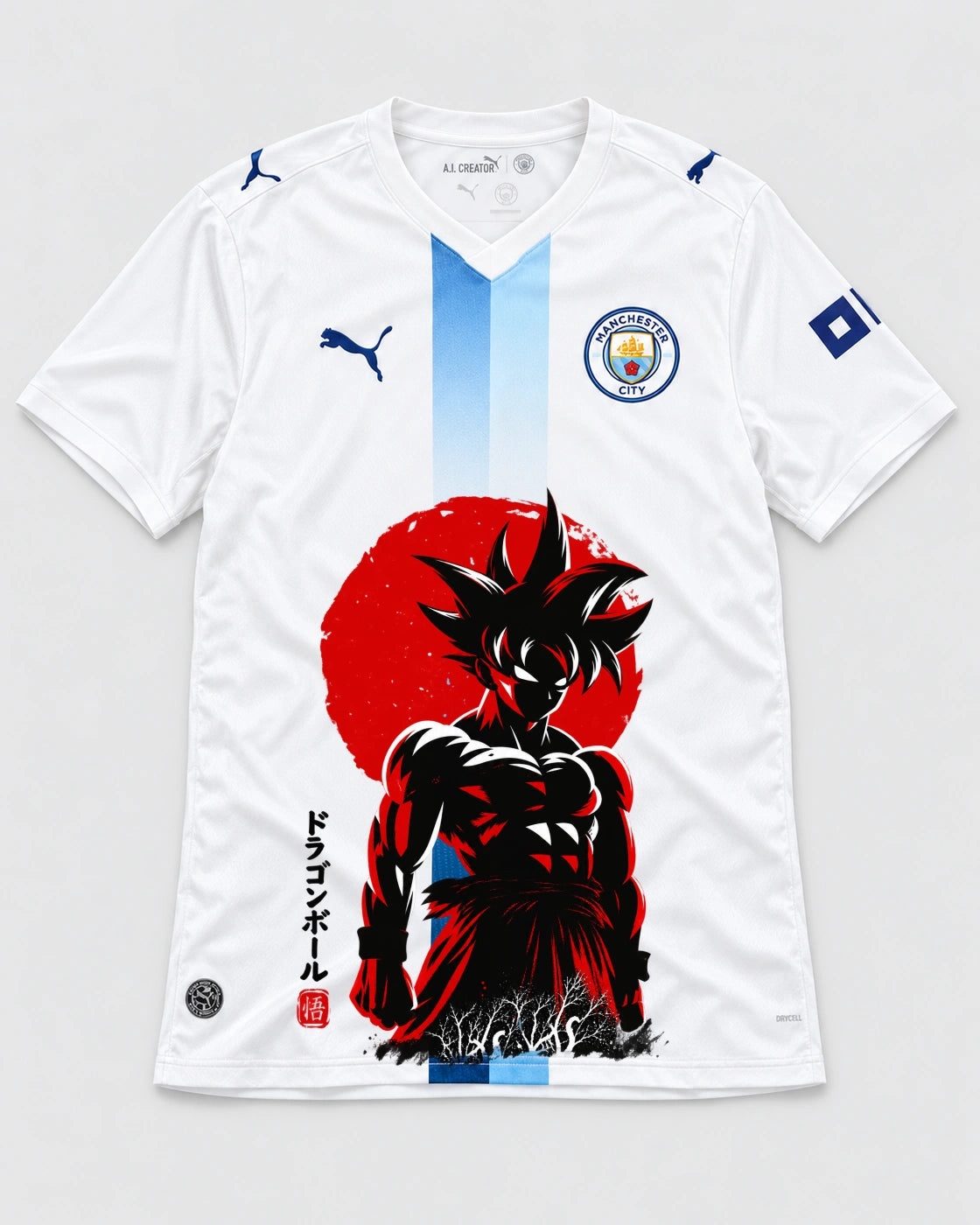 Manchester City White Goku Rising Sun Dragon Ball Jersey — Front